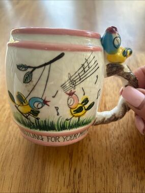 Whimsical Bird Ceramic Mug with Pink Trim